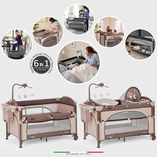Elele Bonte 2 6in1 Lüks Anne Yanı Oyun Parkı Park Yatak XL 70x120 cm Kahverengi