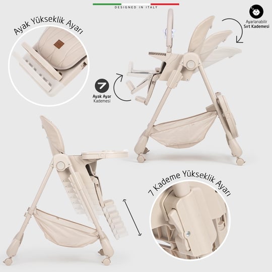 Elele Cibo 2in1 Katlanabilir Bebek Mama Sandalyesi Çift Pedli 0+ Ay Bej