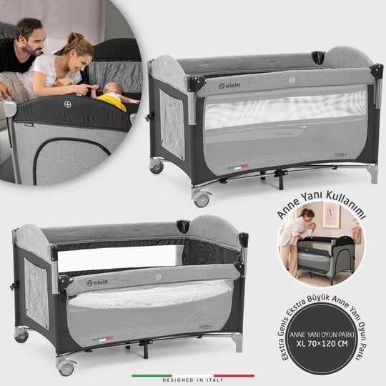 Elele Donna Anne Yanı Park Yatak Oyun Parkı XL 70x120 cm Siyah-Gri