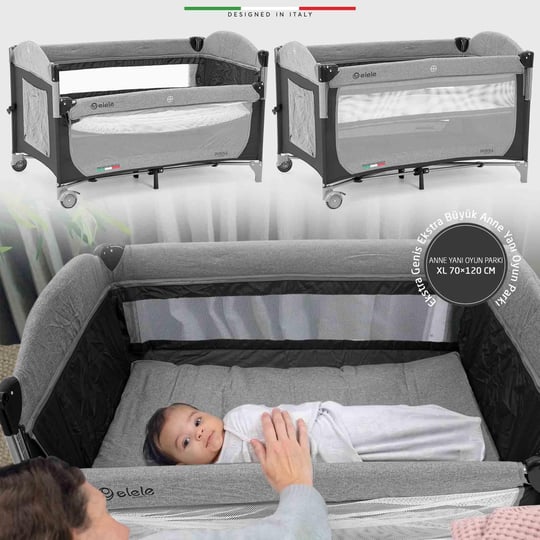 Elele Donna Anne Yanı Park Yatak Oyun Parkı XL 70x120 cm Siyah-Gri