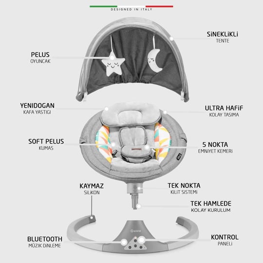 Elele Dormire 2 Elektrikli Otomatik Sallanan Kademeli Ana Kucağı Gri