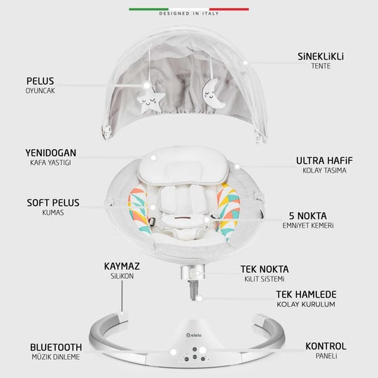 Elele Dormire 2 Elektrikli Otomatik Sallanan Kademeli Ana Kucağı Açık Gri-Beyaz