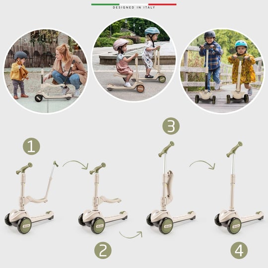 Elele Forte 3in1 Ebeveyn Kontrollü 3 Tekerlekli Çocuk Scooter Işıklı Oturaklı Yeşil