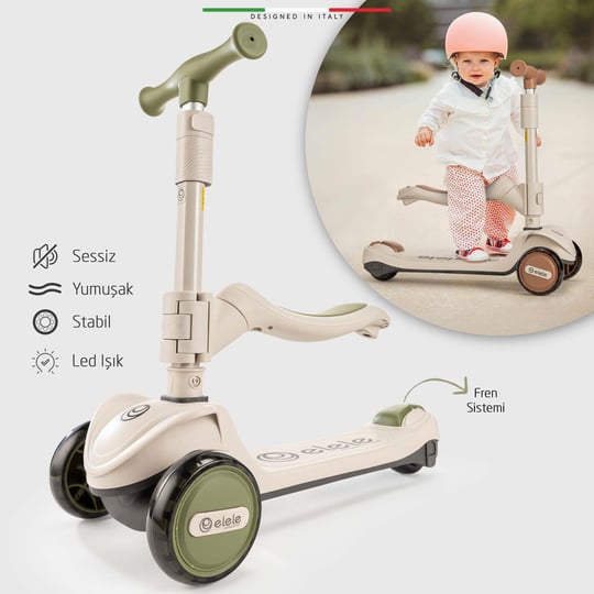 Elele Forte 3in1 Ebeveyn Kontrollü 3 Tekerlekli Çocuk Scooter Işıklı Oturaklı Siyah