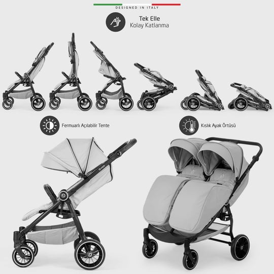 Elele Gemelli Yan Yana İkiz Bebek Arabası Gri