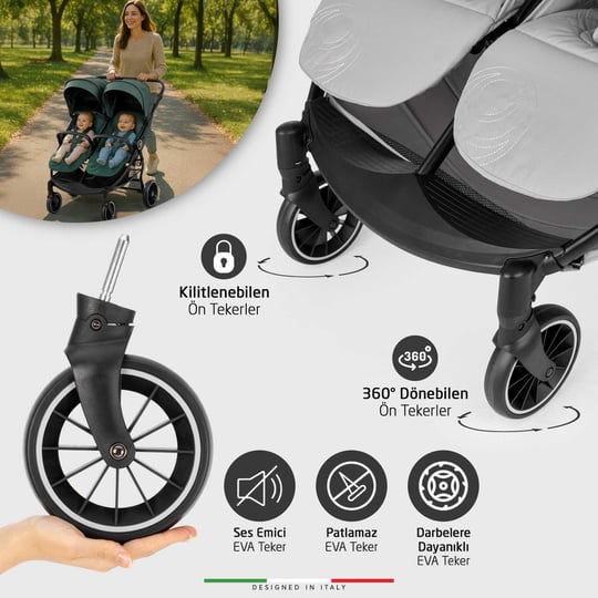Elele Gemelli Yan Yana İkiz Bebek Arabası Siyah