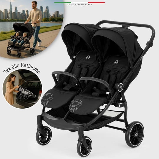 Elele Gemelli Yan Yana İkiz Bebek Arabası Siyah