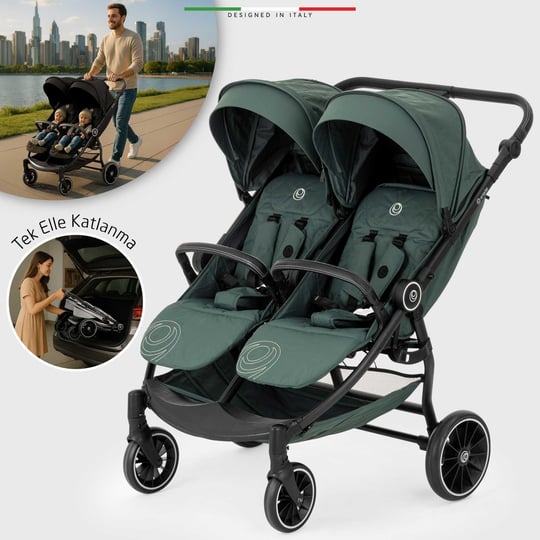 Elele Gemelli Yan Yana İkiz Bebek Arabası Yeşil