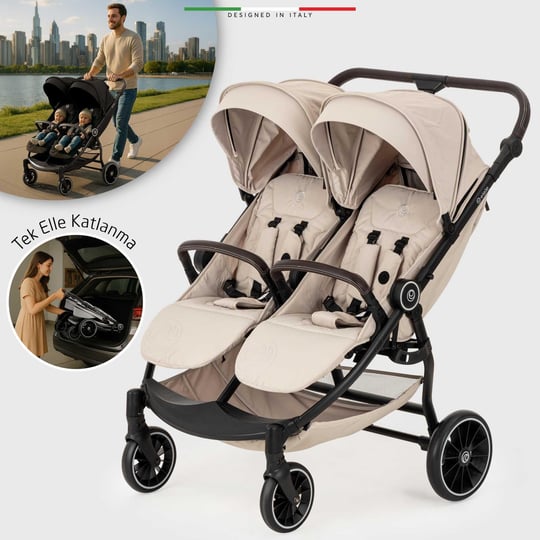 Elele Gemelli Yan Yana İkiz Bebek Arabası Vizon
