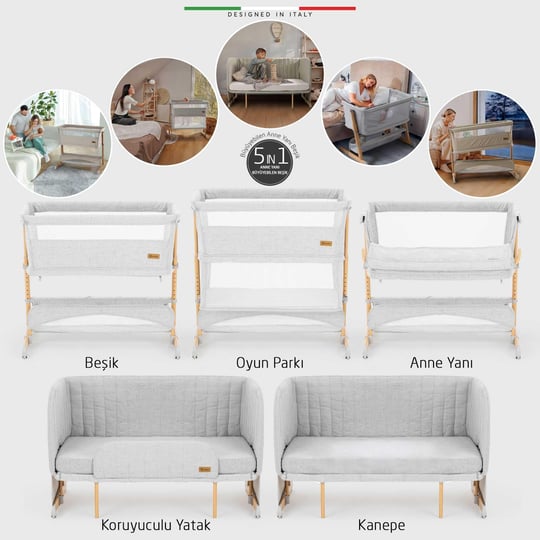 Elele Lettino 4in1 XL Büyüyebilen Anne Yanı Bebek Beşik Park Yatak 0-100 Kg Gri