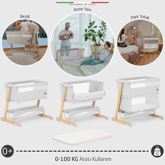 Elele Lettino 4in1 XL Büyüyebilen Anne Yanı Bebek Beşik Park Yatak 0-100 Kg Gri