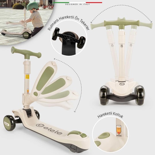 Elele Potenza 4in1 Ebeveyn Kontrollü 5 Tekerlekli Çocuk Scooter Işıklı Oturaklı Yeşil
