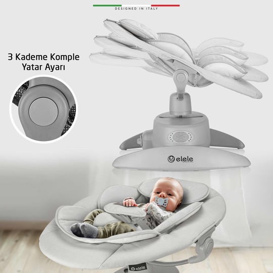 Elele Roma Lüks Elektrikli Otomatik Sallanan Ana Kucağı  360° Dönebilen Kademeli Gri