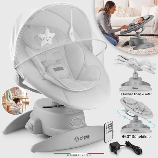 Elele Roma Lüks Elektrikli Otomatik Sallanan Ana Kucağı  360° Dönebilen Kademeli Gri