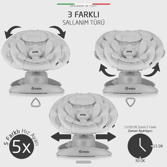 Elele Roma Lüks Elektrikli Otomatik Sallanan Ana Kucağı  360° Dönebilen Kademeli Gri