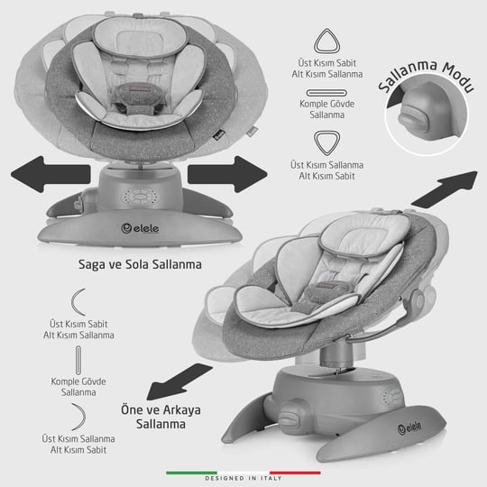 Elele Roma Lüks Elektrikli Otomatik Sallanan Ana Kucağı  360° Dönebilen Kademeli Antrasit