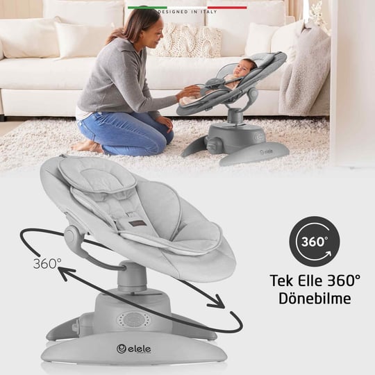Elele Roma Lüks Elektrikli Otomatik Sallanan Ana Kucağı  360° Dönebilen Kademeli Gri