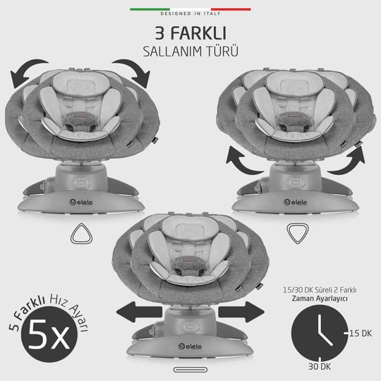 Elele Roma Lüks Elektrikli Otomatik Sallanan Ana Kucağı  360° Dönebilen Kademeli Antrasit