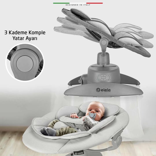 Elele Roma Lüks Elektrikli Otomatik Sallanan Ana Kucağı  360° Dönebilen Kademeli Antrasit