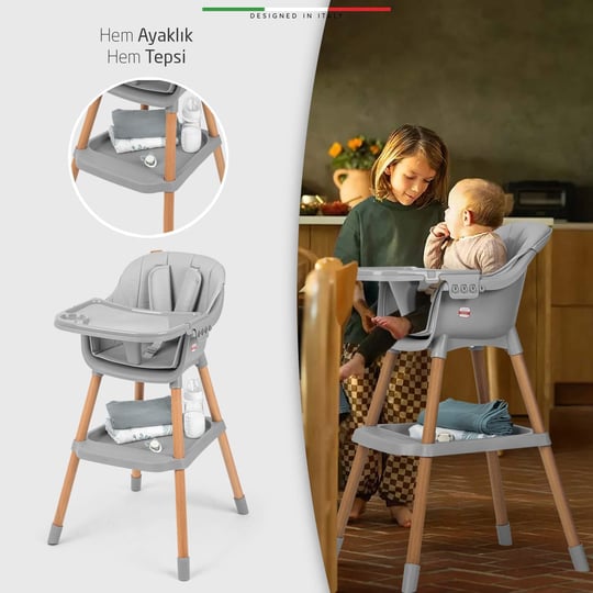 Elele Verona 2 4in1 Ahşap Bebek Mama Sandalyesi ve Mama Oturağı Deri Pedli Yeşil