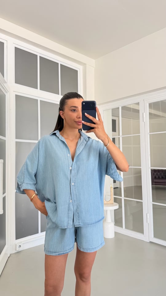 Mavi Tencel Denim Şortlu Gömlek Takım GAUS-01717