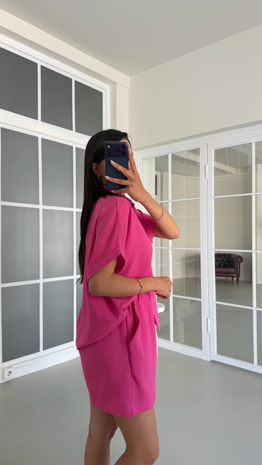 Fuşya Gömlek Beli Lastikli Şort Basic Takım GAUS-01721