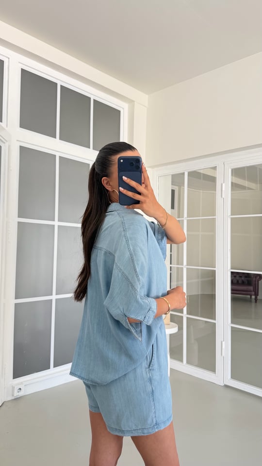 Mavi Tencel Denim Şortlu Gömlek Takım GAUS-01717