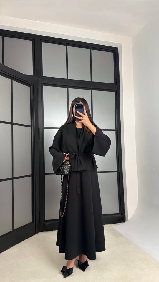 Siyah Kuşaklı Ceket Elbise Premium Tencel Takım GAUS-01165