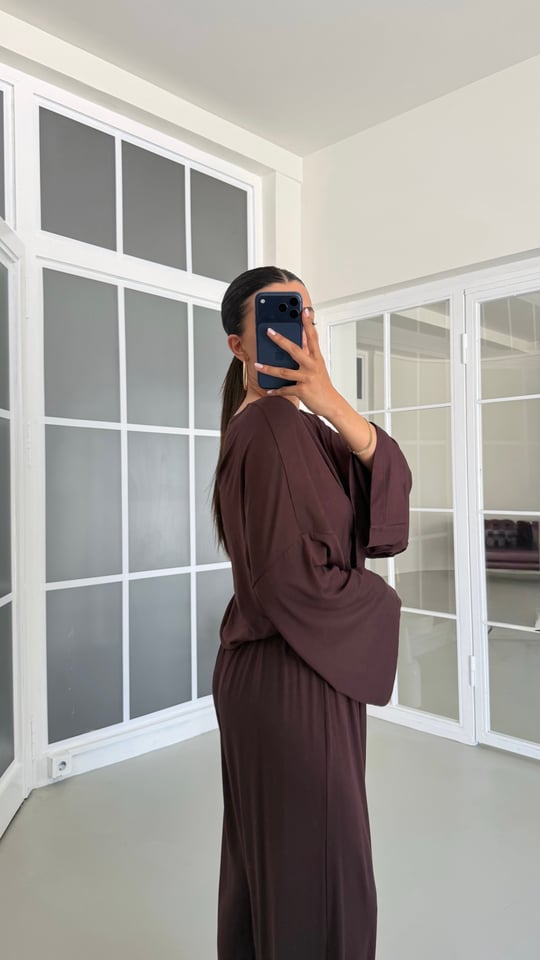 Kahve Bağlama Detaylı Bluz Beli Lastikli Pantolon Likralı Takım GAUS-01732