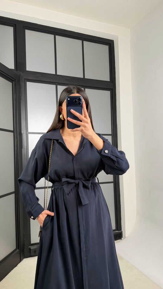 Lacivert Beli Lastikli Kuşaklı Tencel Elbise GAUS-01286