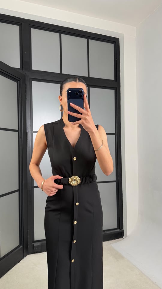 Siyah Kuşaklı Gold Düğme Detaylı Premium Elbise GAUS-01448