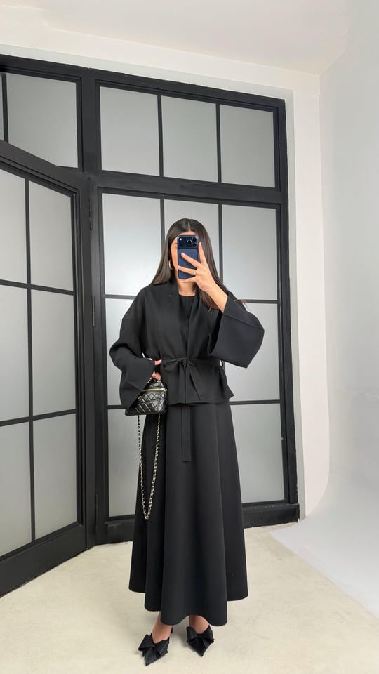 Siyah Kuşaklı Ceket Elbise Premium Tencel Takım GAUS-01165