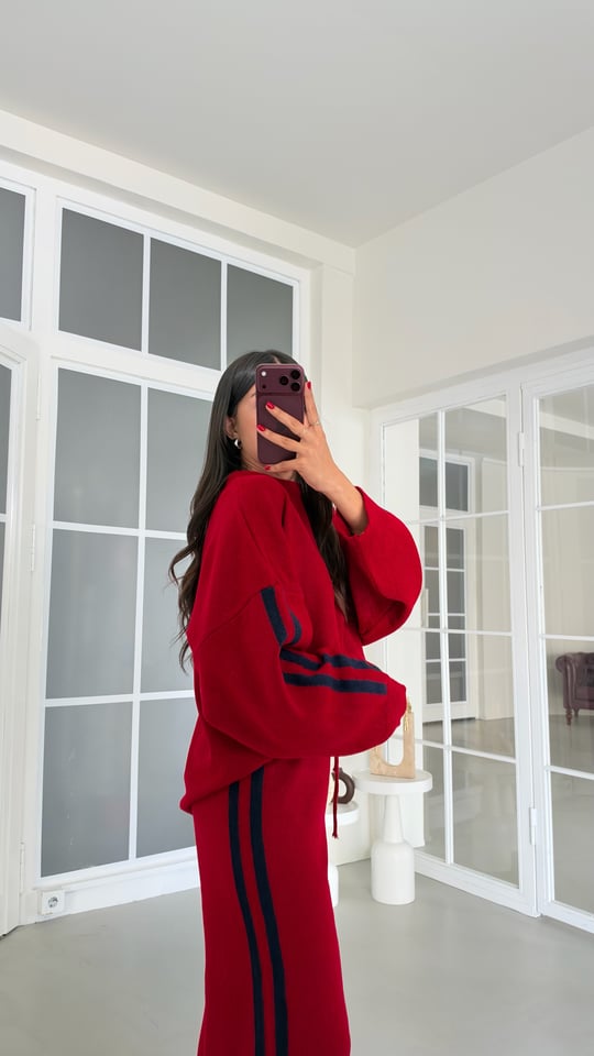 Kırmızı Şerit Detaylı Kazak Beli Lastikli Pantolon İkili Triko Takım GAUS-02239