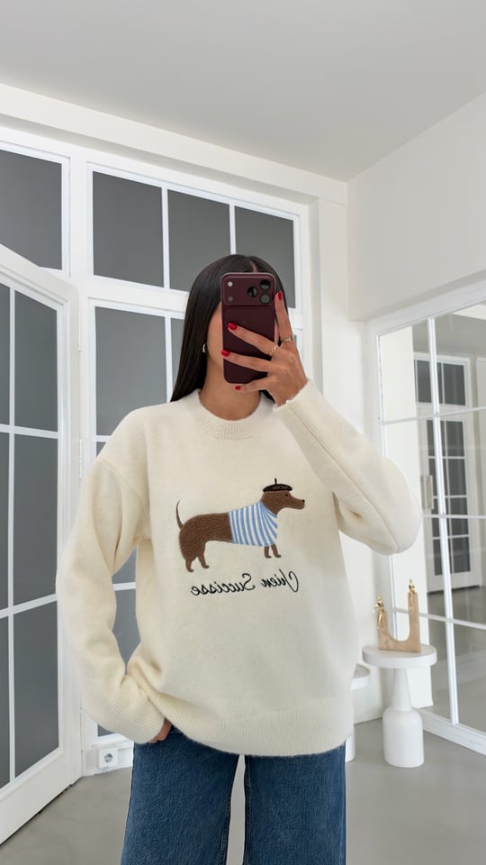 Ekru Muadil Köpek Desenli Triko Kazak GAUS-02181