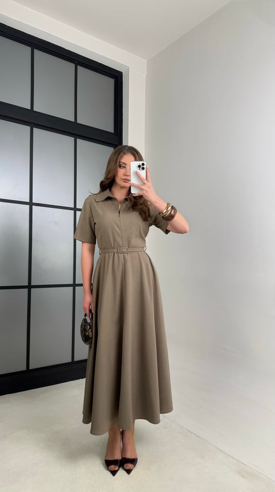 Haki İnce Kemerli Elbise GAUS-00991