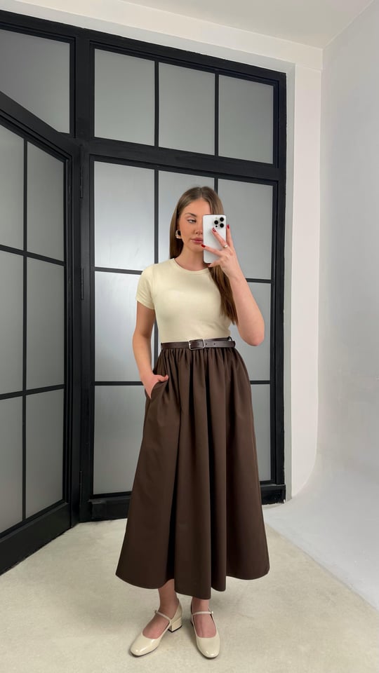 Kahve Kısa Kol Beli Lastikli Kemerli Elbise GAUS-01246