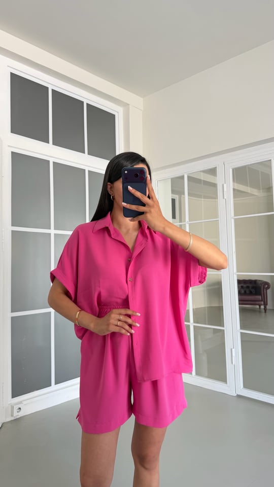 Fuşya Gömlek Beli Lastikli Şort Basic Takım GAUS-01721