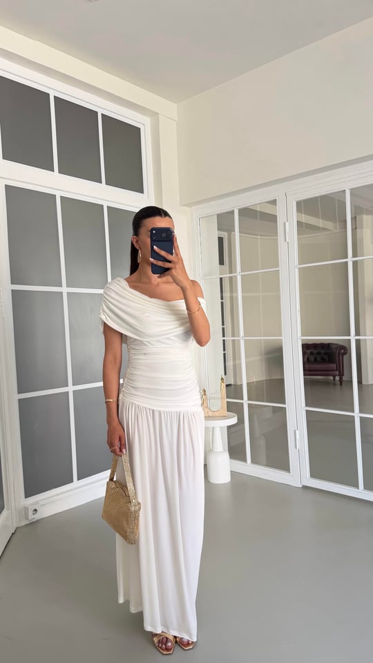 Ekru Drapeli Sandy Kumaş Elbise GAUS-01674