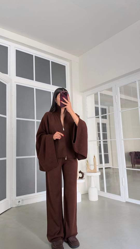 Acı Kahve Yarasa Kol Hırka Beli Lastikli Pantolon İkili Triko Takım GAUS-02238