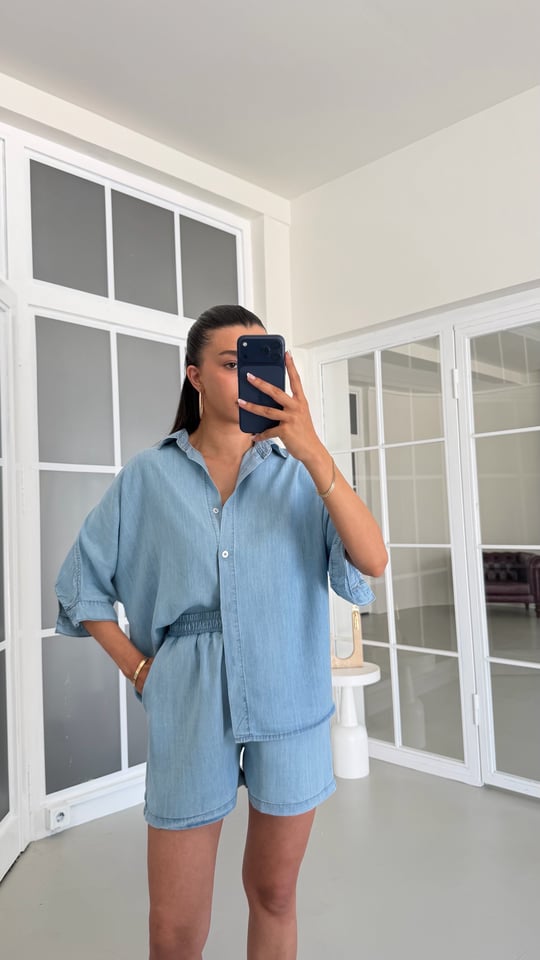 Mavi Tencel Denim Şortlu Gömlek Takım GAUS-01717