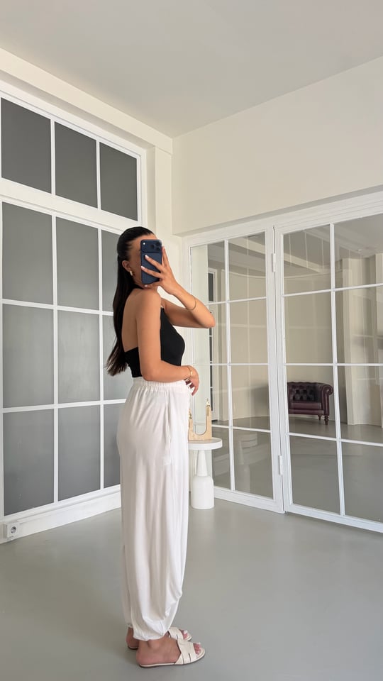Ekru Boncuk İpli Modal Kumaş Şalvar Pantolon GAUS-01676