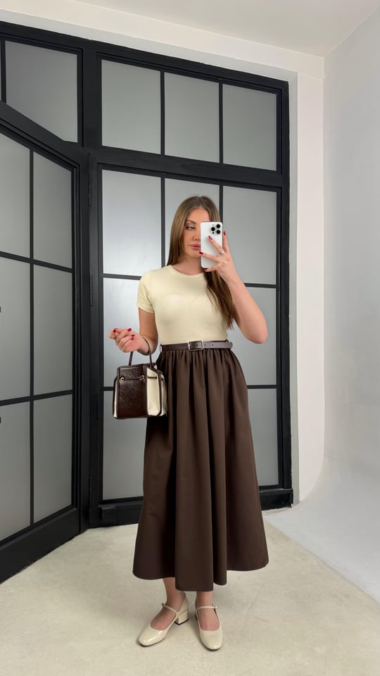 Kahve Kısa Kol Beli Lastikli Kemerli Elbise GAUS-01246
