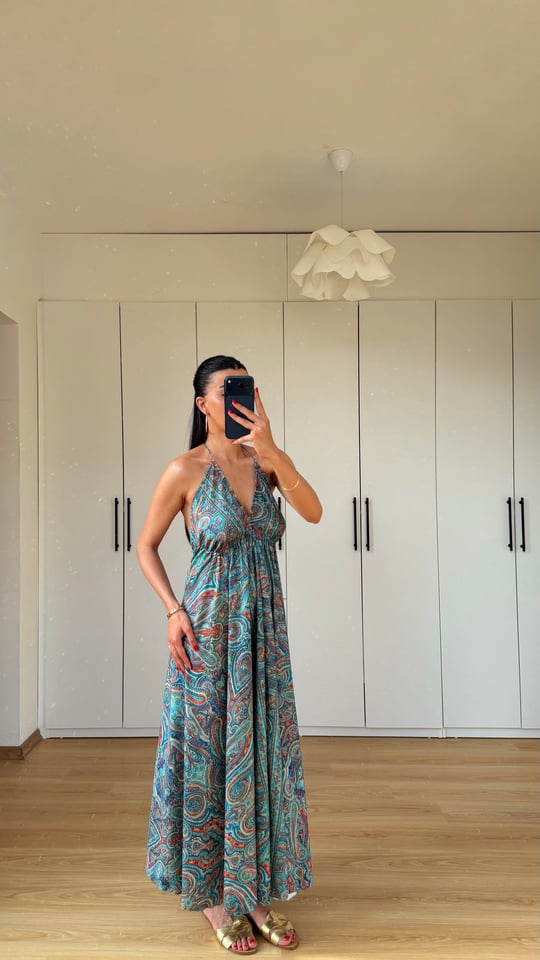 Mavi Sırt Dekolteli Yumuşak Saten Desenli Maxi Boy Elbise GAUS-01614