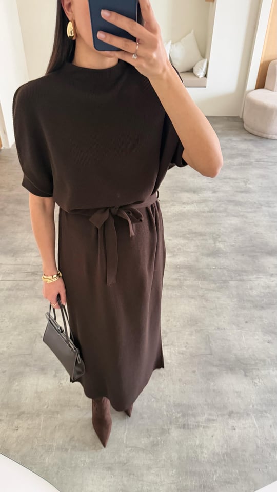 Acı Kahve Kuşaklı Triko Midi Elbise GAUS-01169
