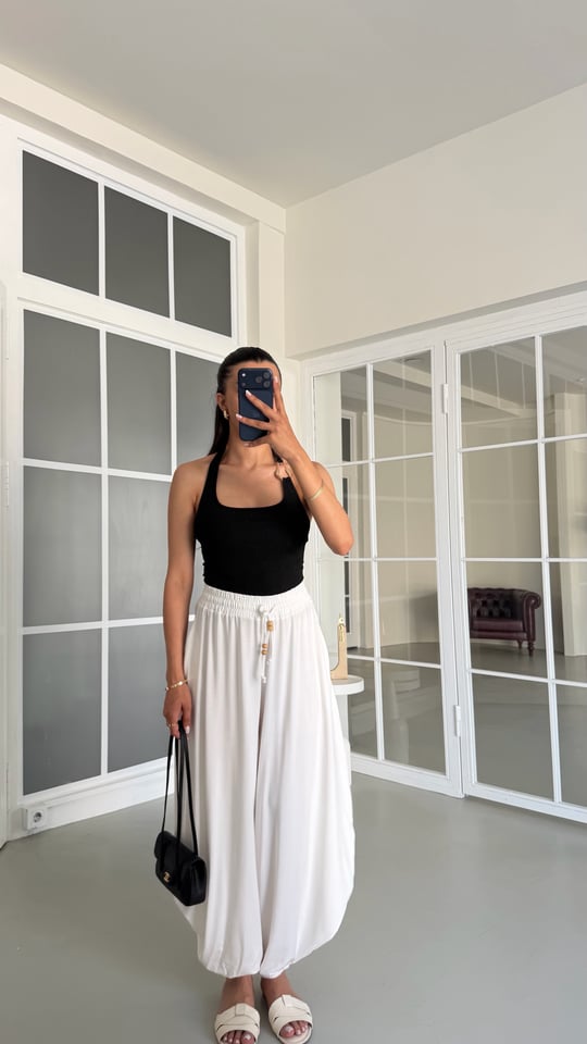 Ekru Boncuk İpli Modal Kumaş Şalvar Pantolon GAUS-01676