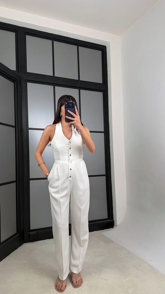 Beyaz Boyundan Bağlamalı Tasarım Tencel Denim Tulum GAUS-01357