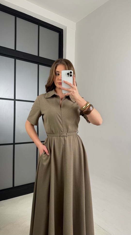 Haki İnce Kemerli Elbise GAUS-00991