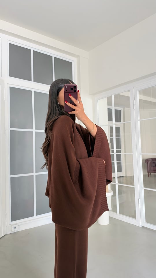 Acı Kahve Yarasa Kol Hırka Beli Lastikli Pantolon İkili Triko Takım GAUS-02238