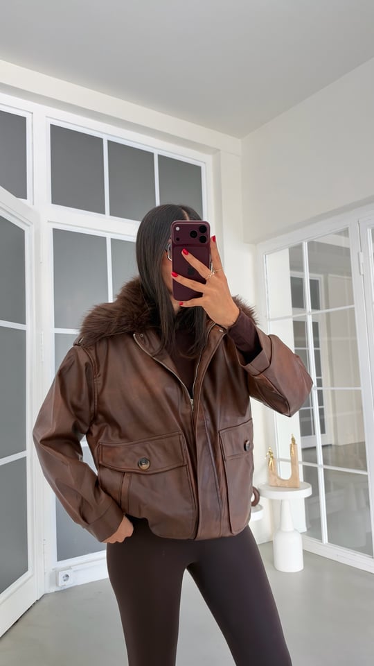 Kahve Astarlı Kürk Yakalı Deri Ceket GAUS-02137