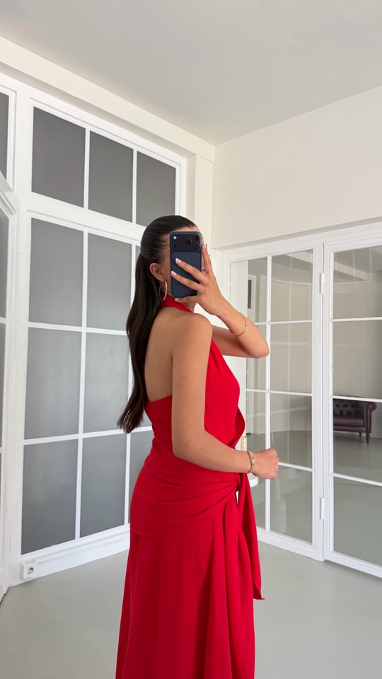 Kırmızı Halter Yaka Bağlama Detaylı Premium Keten Elbise GAUS-01672